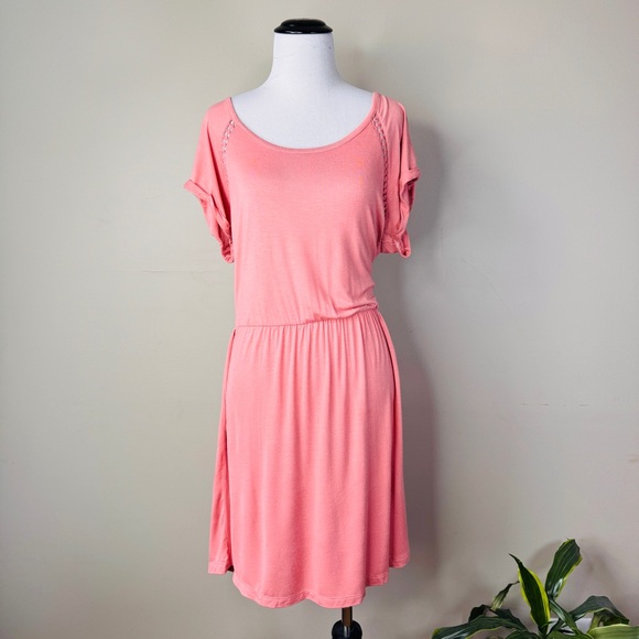 NEW Pink Rose Size XL Women's Dress Salmon Stretchy Midi Short Sleeves - Picture 1 of 6